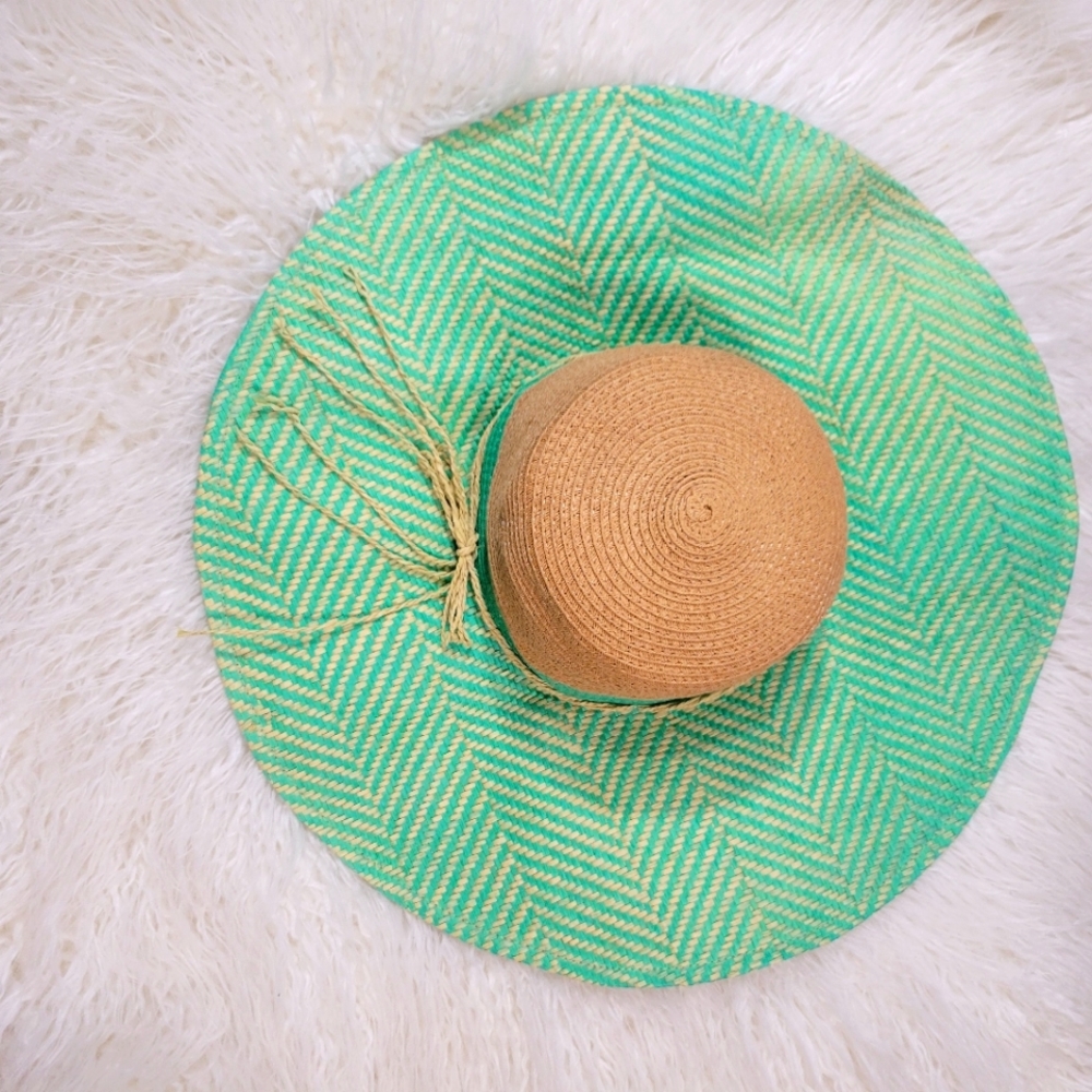 LAUNDRY by SHELLI SEGAL teal natural chevron beachy woven paper straw floppy hat